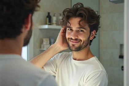 Jeune homme coiffant ses cheveux avec du wax mat