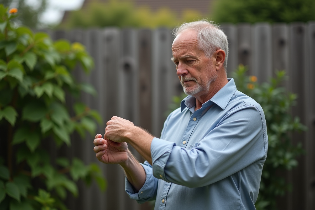 Homme vérifiant une marque sur son bras dans un jardin