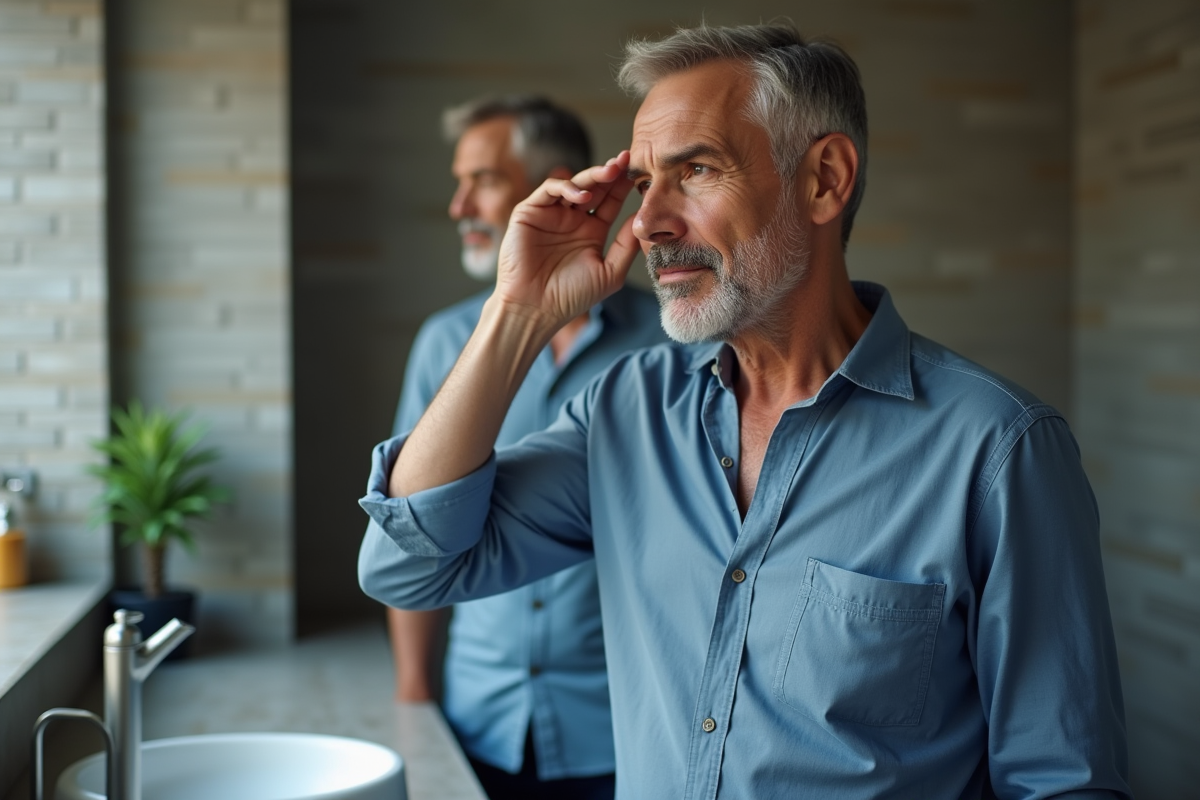 Homme regardant son reflet en se touchant les yeux