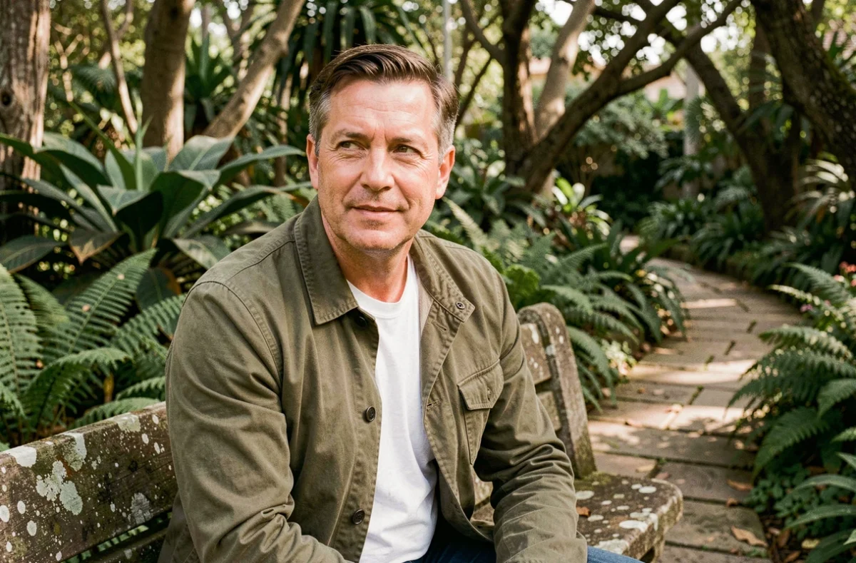 Homme aux yeux hazel assis dans un jardin botanique, portrait trois quarts en extérieur avec un arrière-plan de végétation verte luxuriante