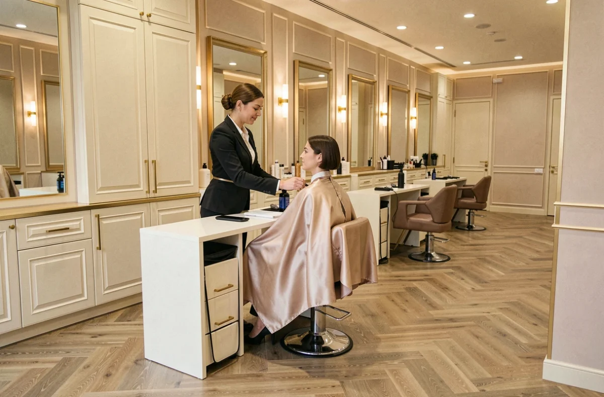 Intérieur luxueux du salon In Fine Hairdresser à Riom avec une coiffeuse et sa cliente dans une ambiance haut de gamme