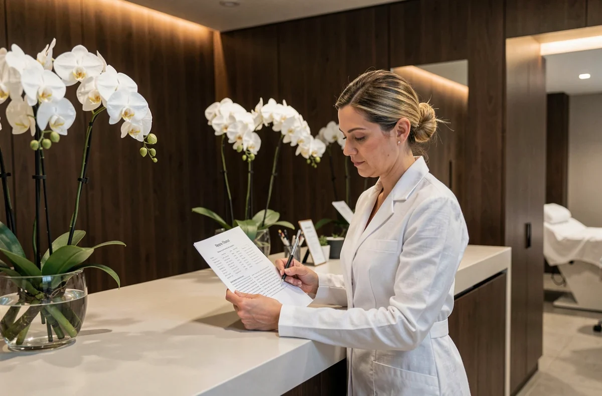 Esthéticienne professionnelle consultant un dossier client à la réception d'un institut de beauté haut de gamme
