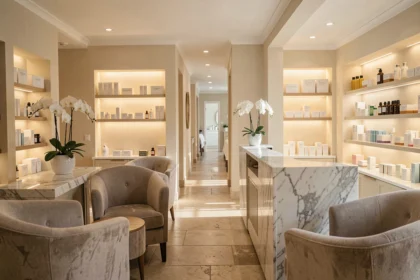 Intérieur élégant d'un institut de beauté en Gironde avec comptoir en marbre et produits de soin
