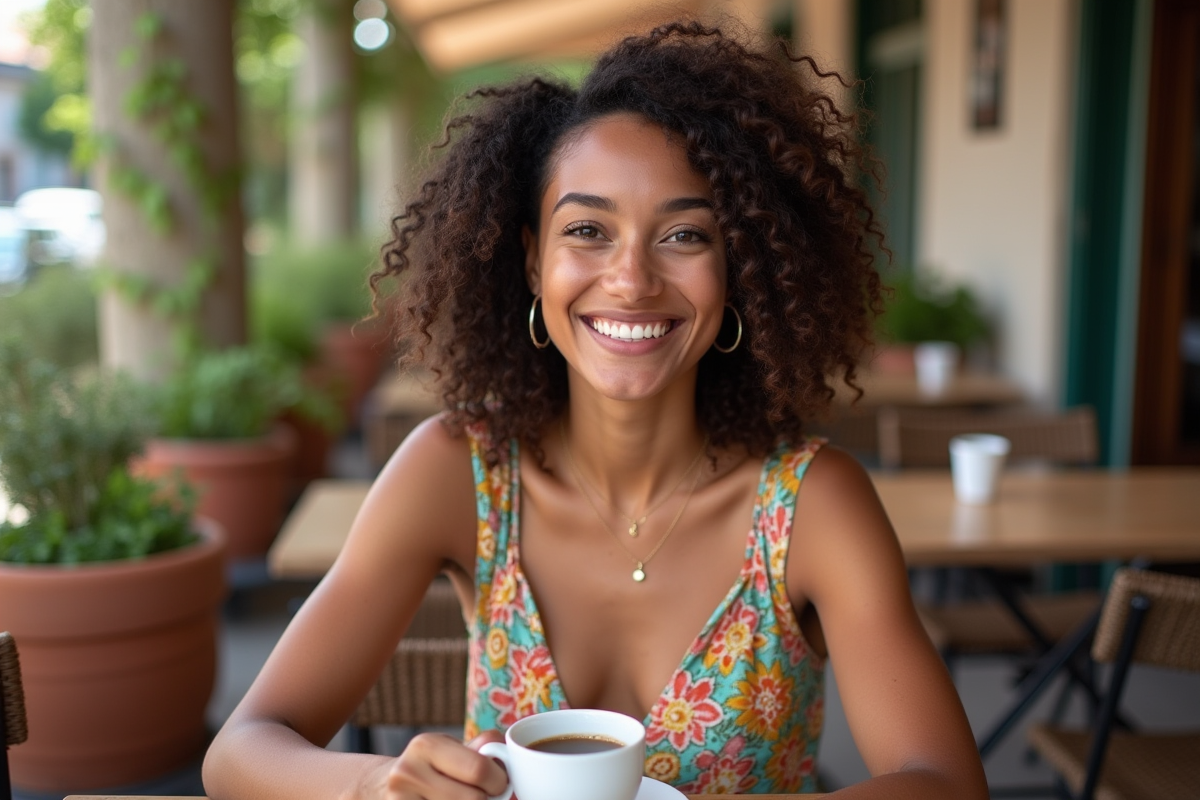 Jeune femme souriante au café en été avec tasse de café