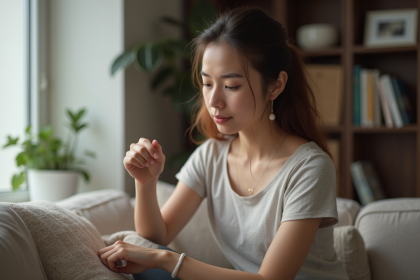 Jeune femme examinant une cicatrice dans un salon cosy
