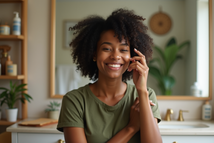 Jeune femme noire aux cheveux bouclés dans la salle de bain