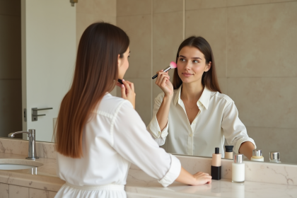 Jeune femme appliquant du fond de teint devant un miroir