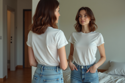 Jeune femme en tenue minimaliste dans sa chambre
