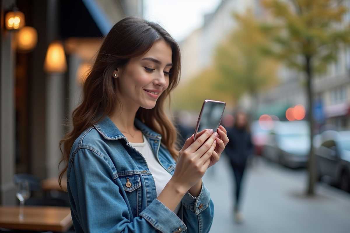 Jeune femme regardant son reflet dans un miroir en ville