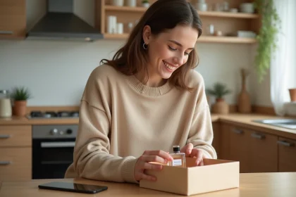 Jeune femme ouvrant un parfum dans une cuisine lumineuse