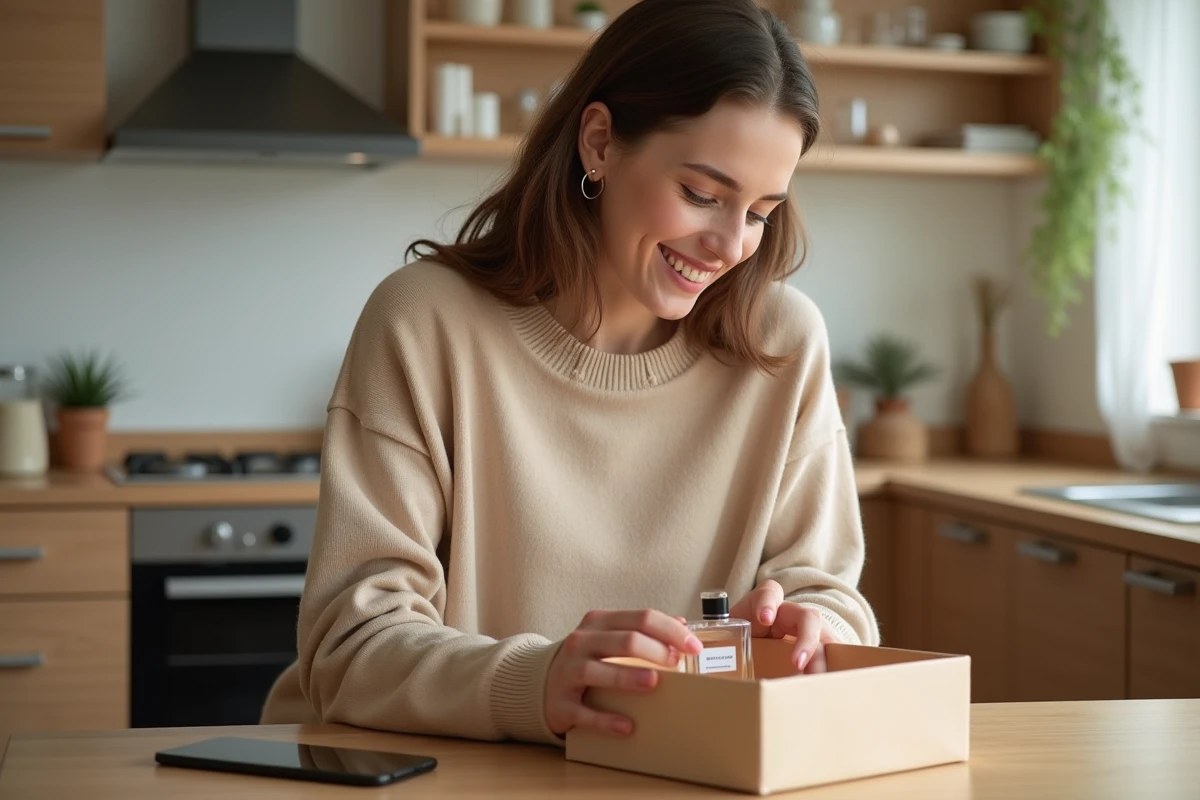 Jeune femme ouvrant un parfum dans une cuisine lumineuse