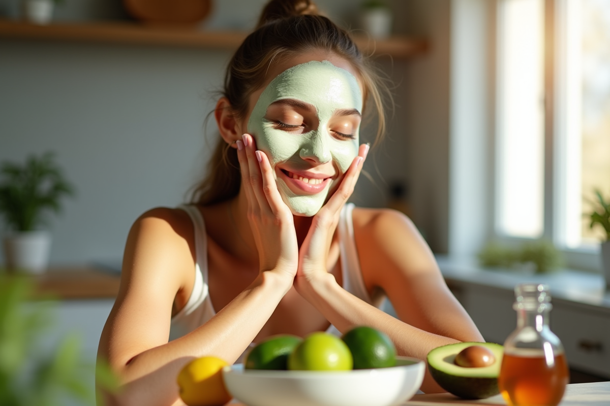 Jeune femme appliquant un masque visage naturel avec ingrédients frais