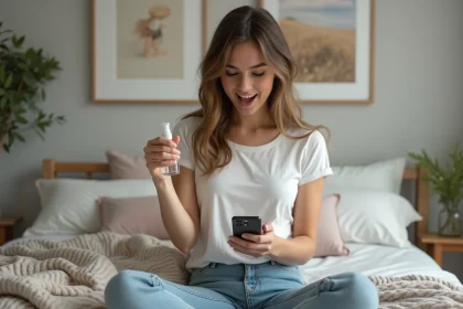 Jeune femme souriante avec spray dans une chambre cosy