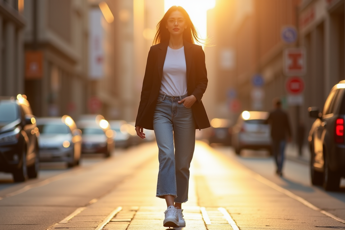 Jeune femme urbaine marchant avec des Air Force One blanches