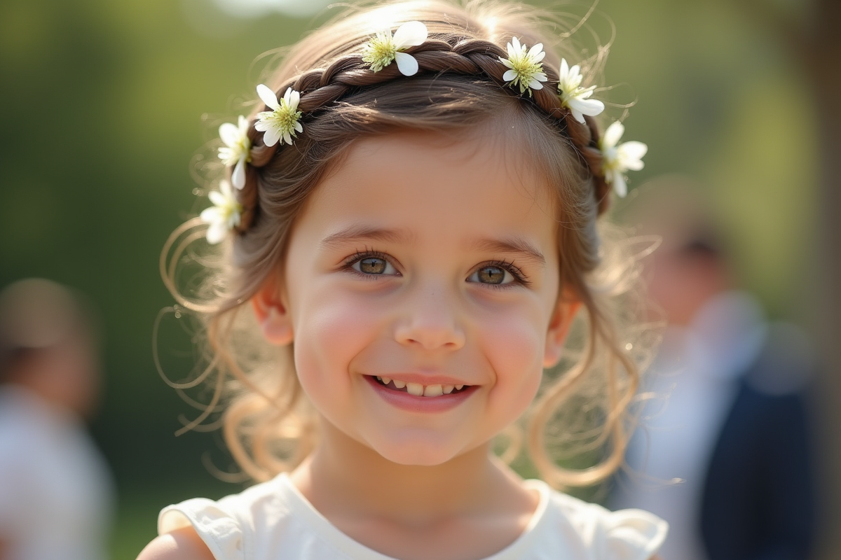 Jeune fille avec couronne de fleurs lors d'un mariage en extérieur