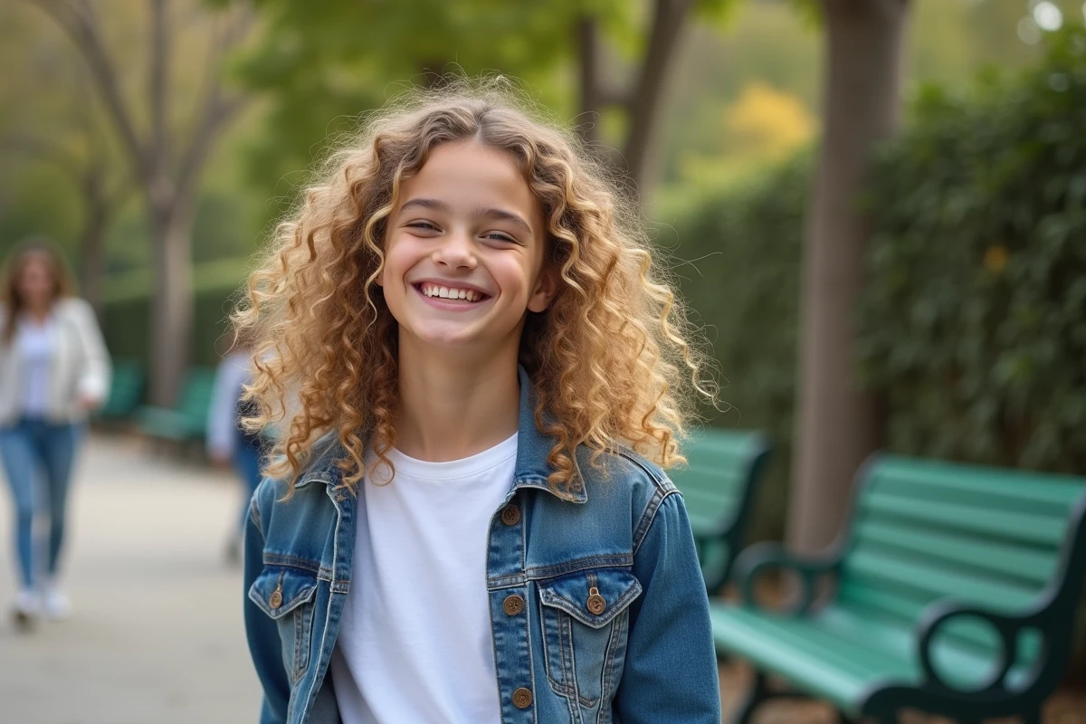 Jeune fille aux cheveux frises et highlights blond brun