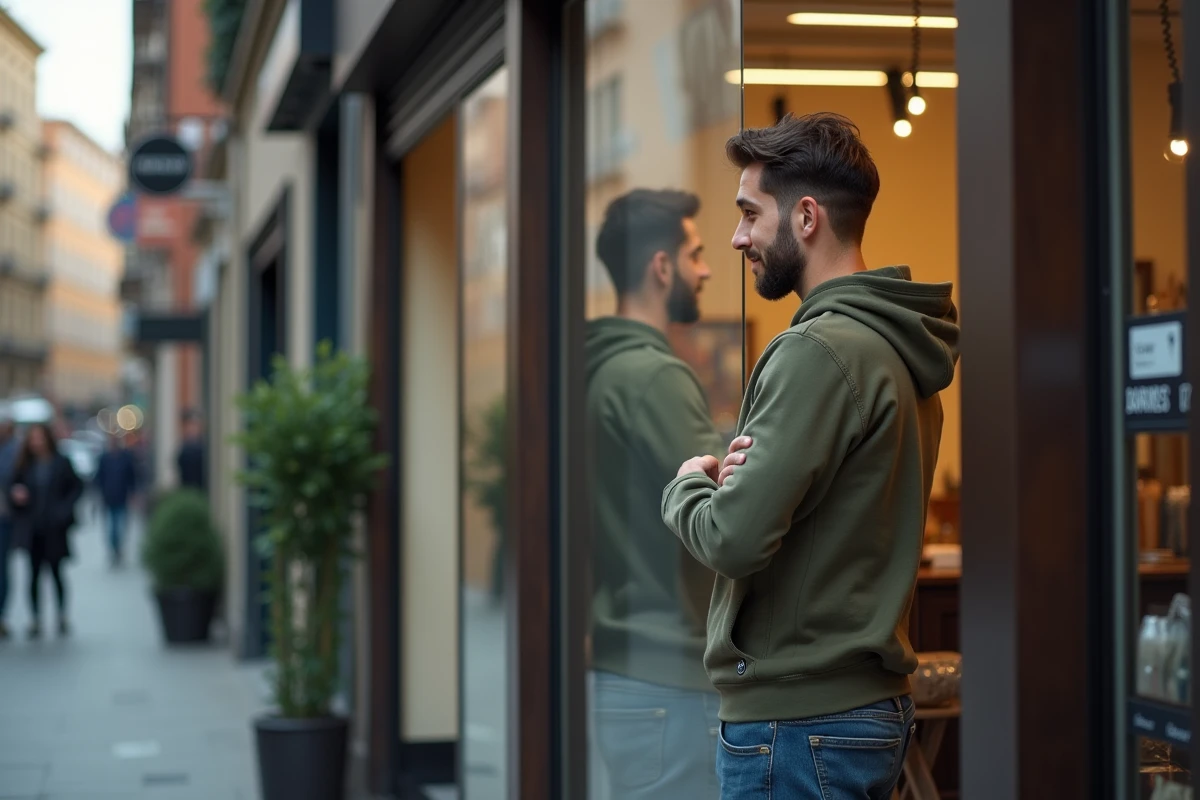 Jeune homme inspectant sa coupe devant un barbershop