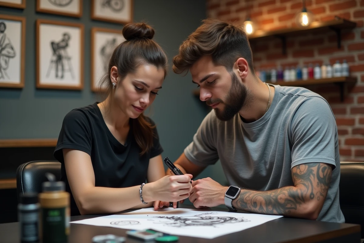 Jeune homme discutant tatouages avec artiste dans studio