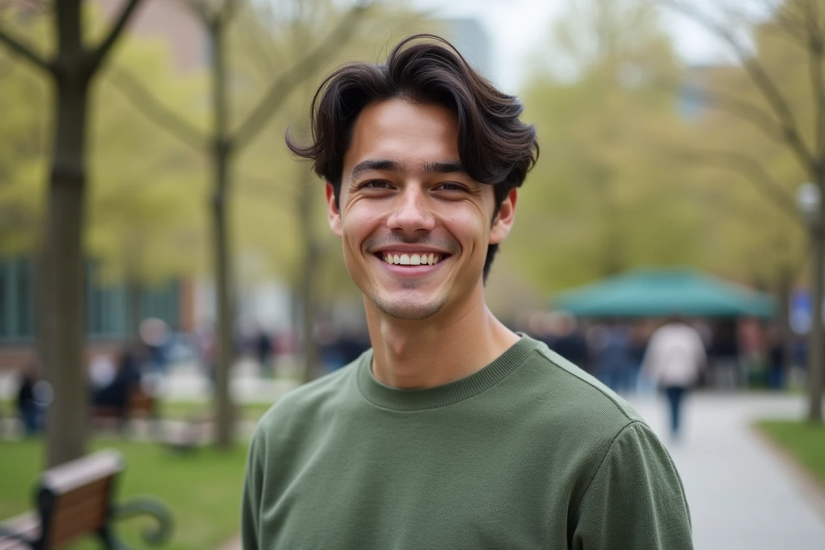 Jeune homme souriant dans un parc urbain au printemps