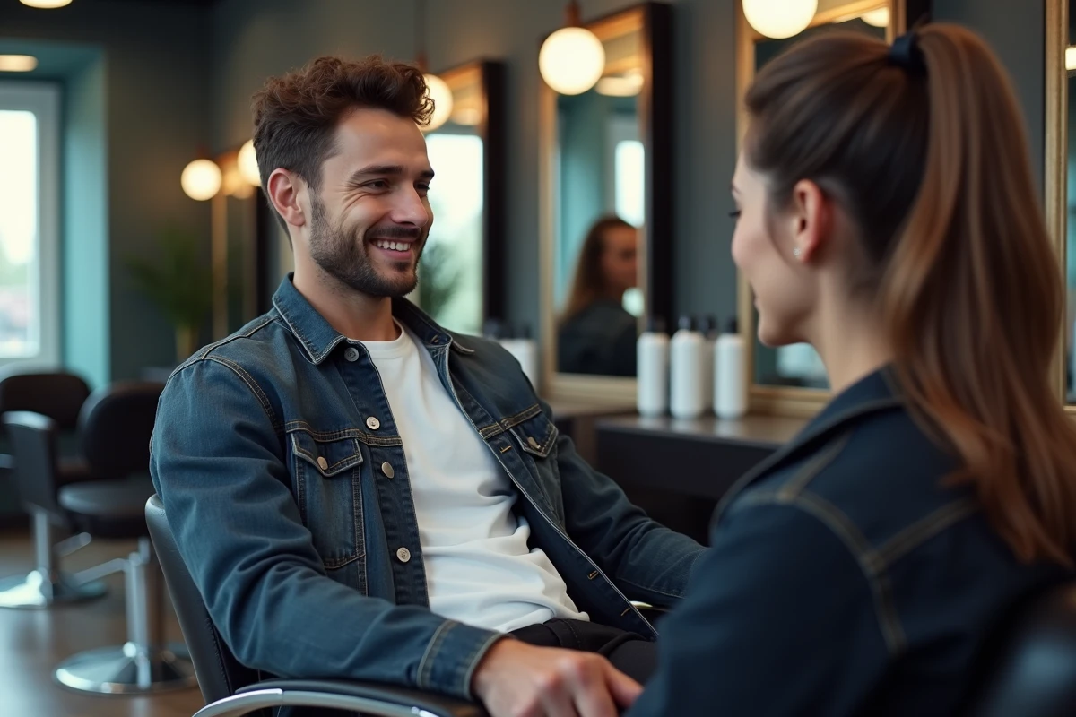 Jeune homme utilisant écran tactile dans salon de coiffure