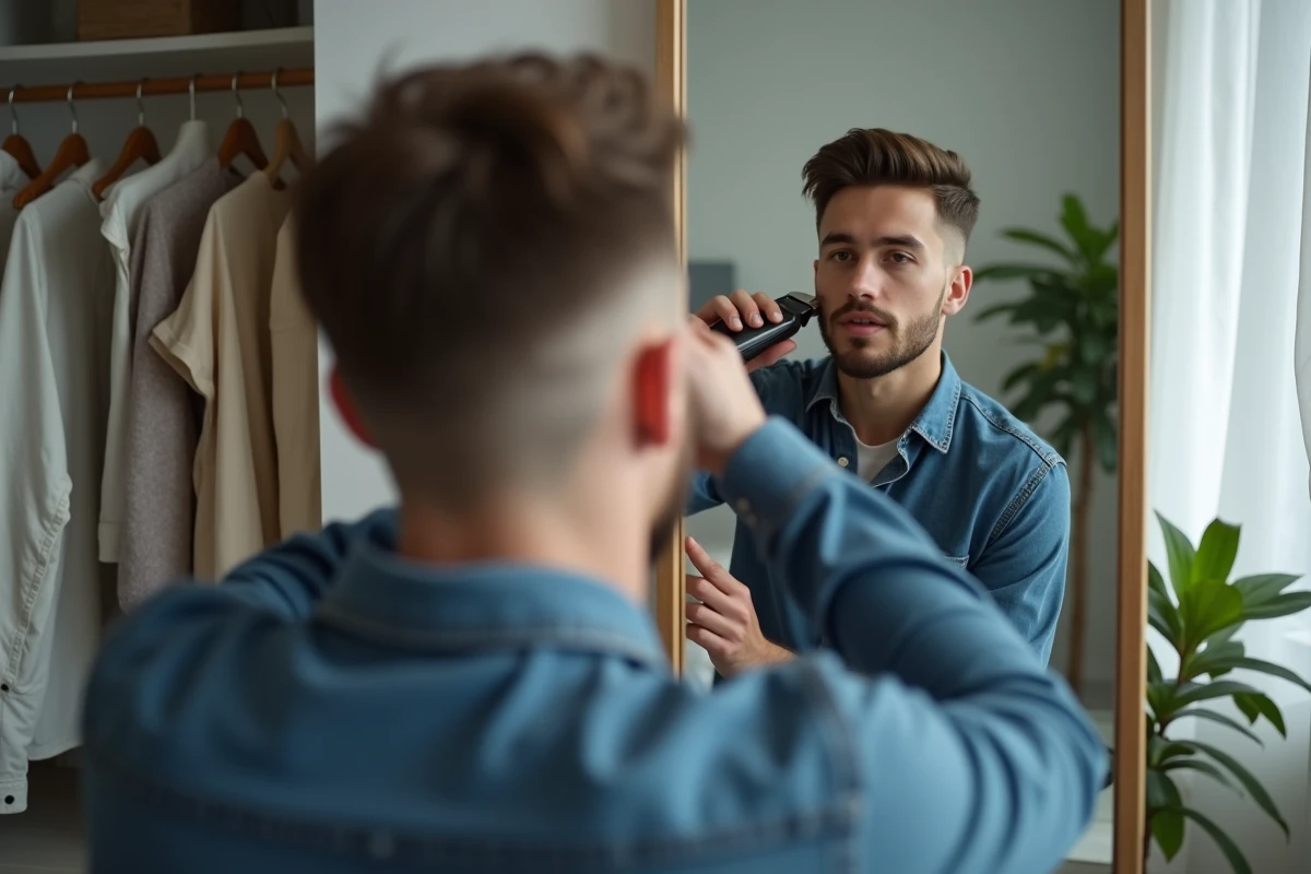 Jeune homme taillant sa coupe V-shape dans une chambre moderne