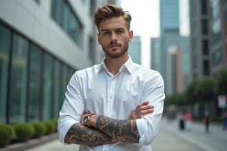 Jeune homme en ville avec tatouage tribal sur l'avant bras