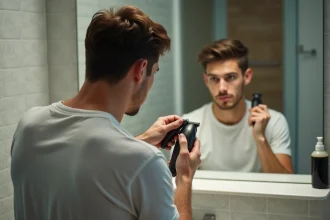 Jeune homme se coupe les cheveux avec des tondeuses dans la salle de bain