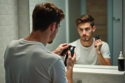 Jeune homme se coupe les cheveux avec des tondeuses dans la salle de bain