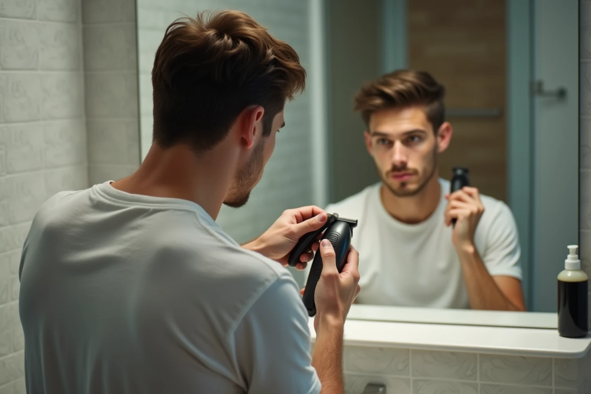 Jeune homme se coupe les cheveux avec des tondeuses dans la salle de bain