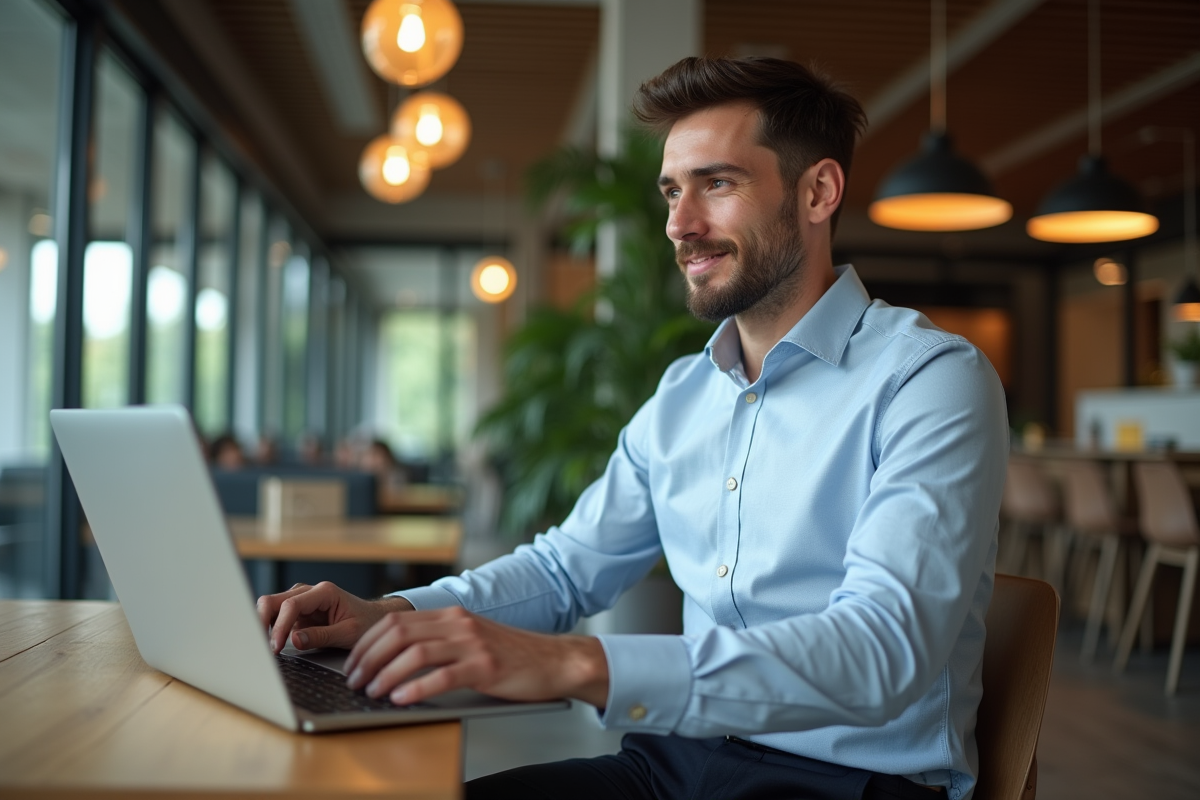 Jeune homme au bureau avec ordinateur portable