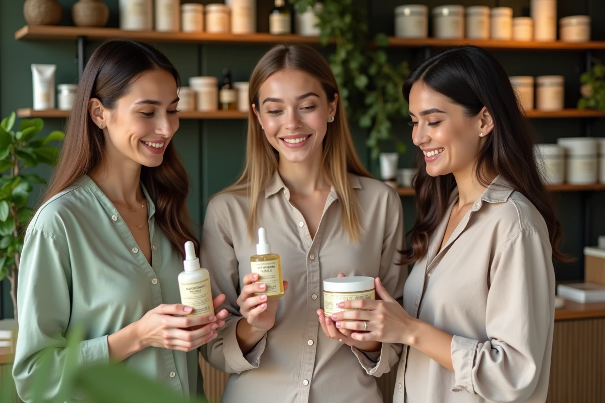 Trois jeunes femmes discutant produits de soins naturels