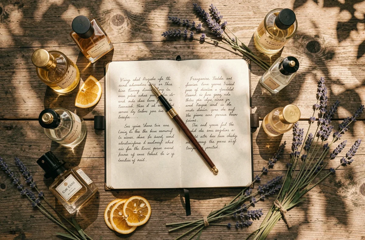 Composition à plat d'un journal de parfums manuscrit entouré de flacons et de botaniques séchés sur une table en chêne