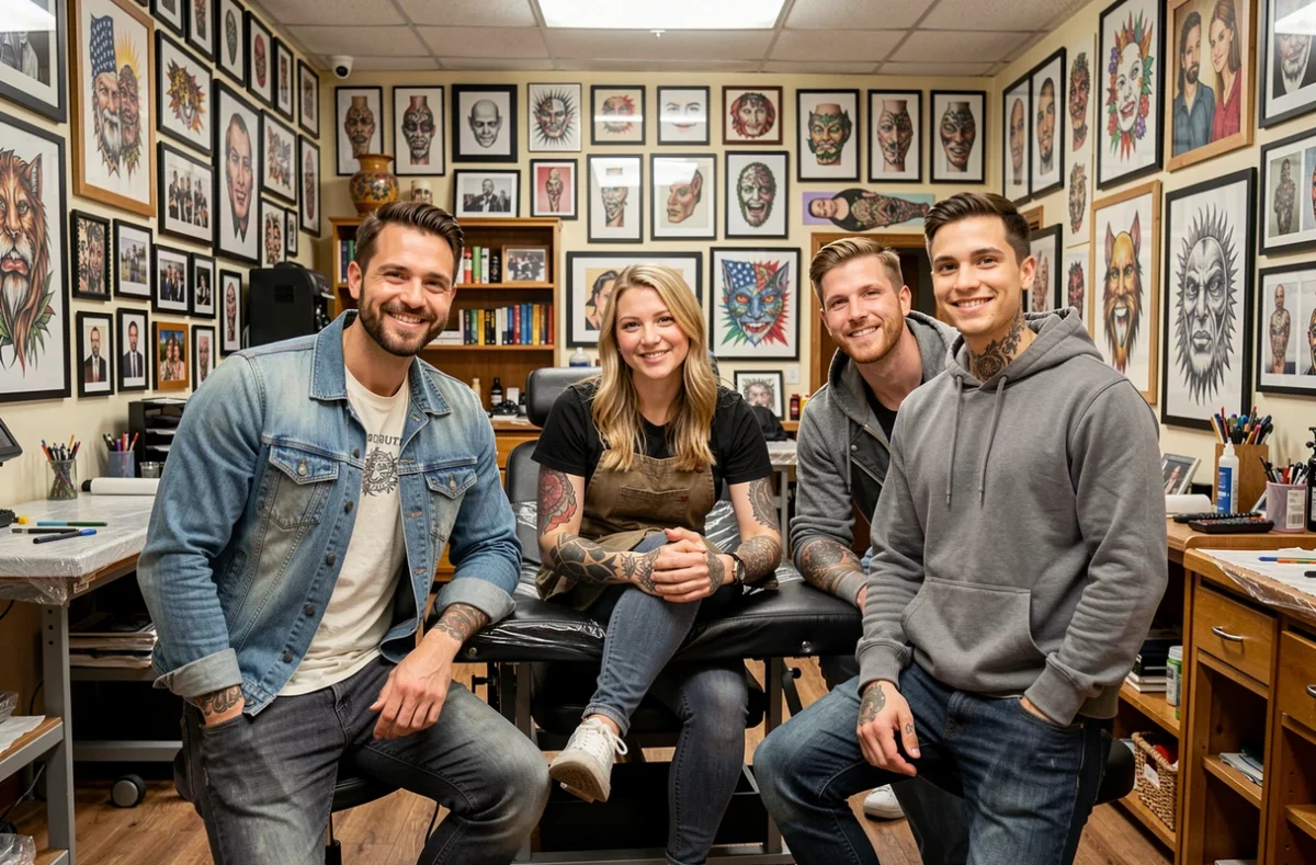 L'équipe de Kalil Tattoo Family posant ensemble dans leur studio convivial rempli de flash art éclectique