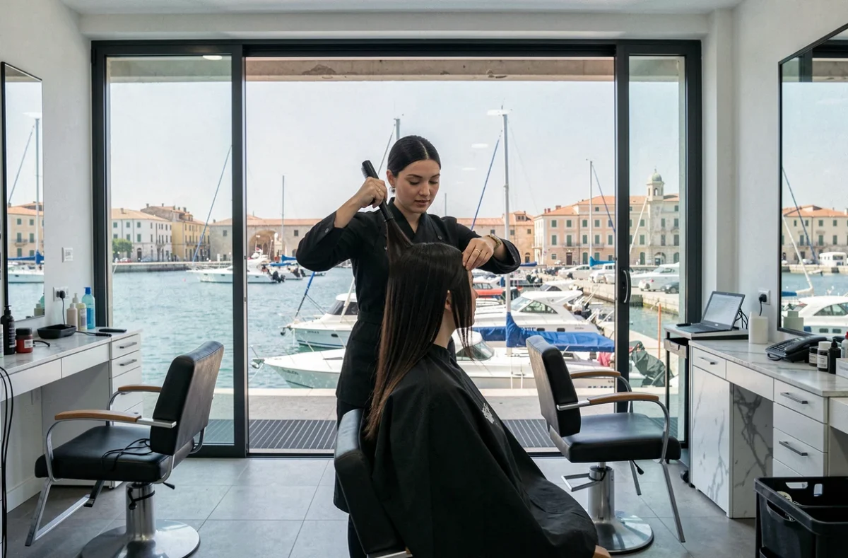 Styliste réalisant un brushing impeccable dans le salon Lykhachova Beauty avec vue sur le Vieux-Port de Marseille en arrière-plan