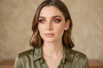 Femme aux yeux marron verts avec un maquillage terracotta et bordeaux, fond beige neutre, portrait serré
