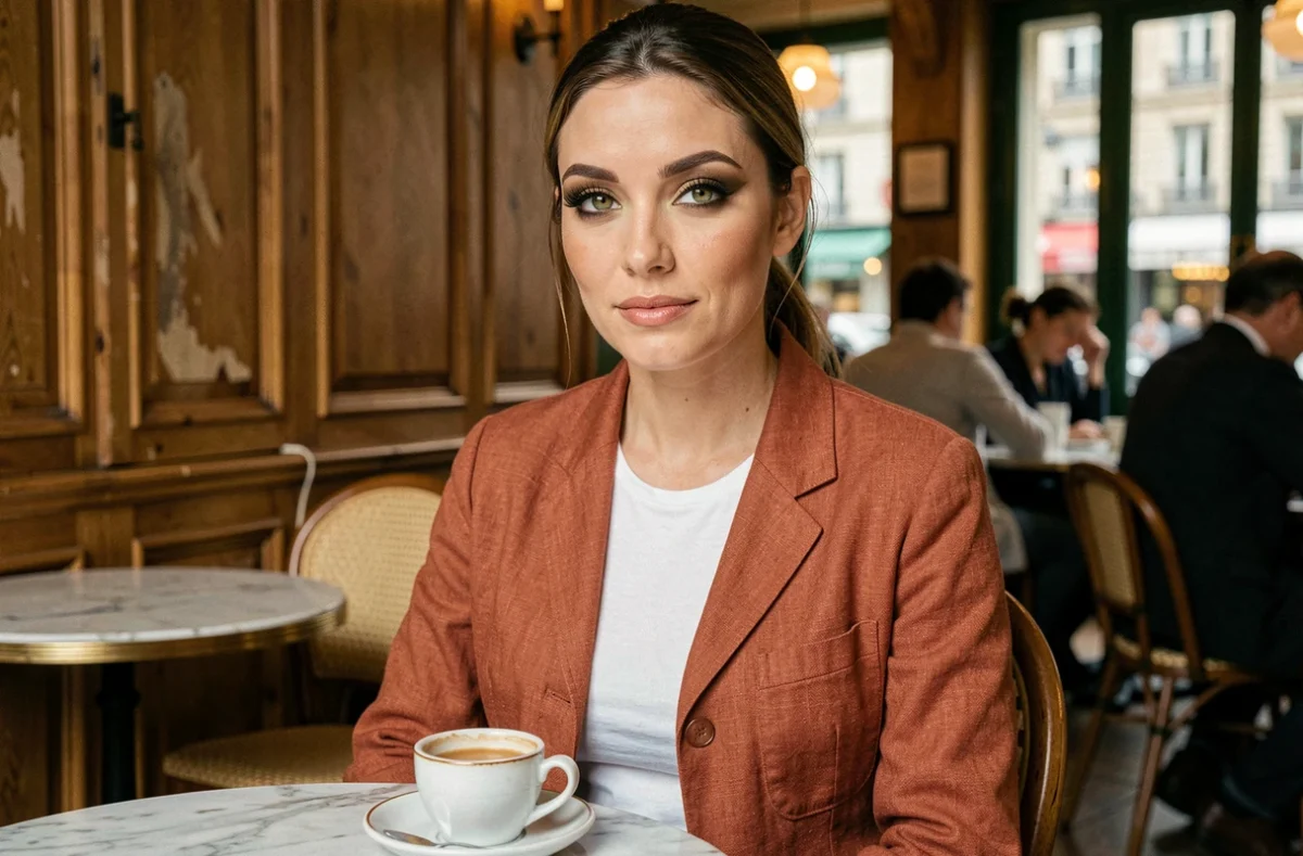 Femme aux yeux noisette maquillés en bronze et olive dans un café parisien, plan trois quarts naturel