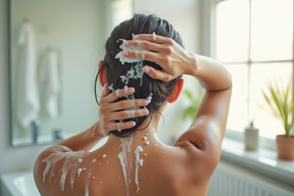 Personne massant doucement ses cheveux avec du shampoing dans une salle de bain lumineuse
