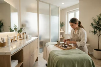 Intérieur d'un institut de beauté moderne dans le Nord de la France, avec une salle de soin épurée et des produits cosmétiques disposés sur un comptoir en marbre blanc