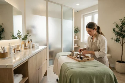 Intérieur d'un institut de beauté moderne dans le Nord de la France, avec une salle de soin épurée et des produits cosmétiques disposés sur un comptoir en marbre blanc