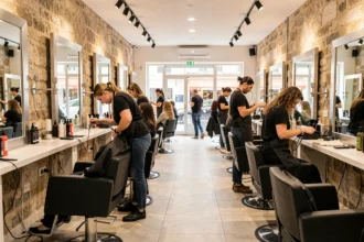 Vue d'ensemble d'un salon de coiffure animé à Marseille avec coiffeurs et clients en activité