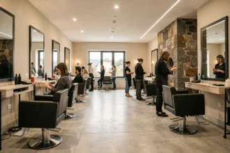Vue intérieure d'un salon de coiffure moderne dans le Puy-de-Dôme avec plusieurs postes de travail et une équipe de coiffeurs professionnels