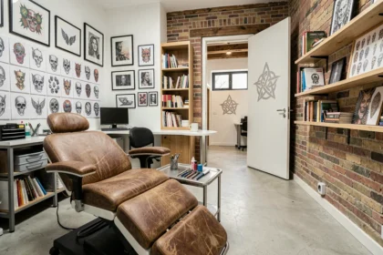 Intérieur d'un studio de tatouage professionnel en Bretagne avec des œuvres d'art murales et un fauteuil en cuir
