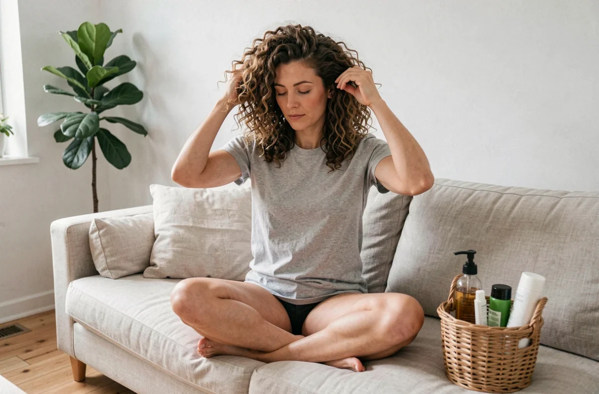 Femme appliquant la méthode Curly Girl avec les doigts sur canapé dans un salon scandinave