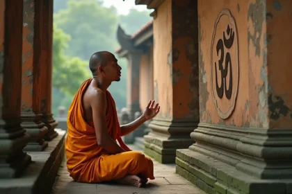 Moine bouddhiste méditant près d'un symbole Om sculpté sur un temple en pierre en Thaïlande