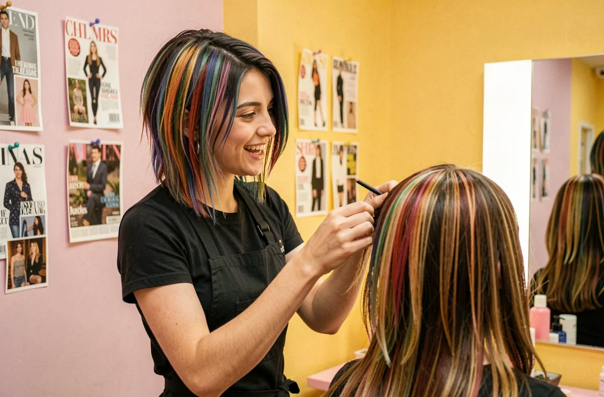 Coiffeuse spécialiste des tendances réalisant un balayage moderne sur une cliente chez Mylaa Evans à Cournon-d'Auvergne