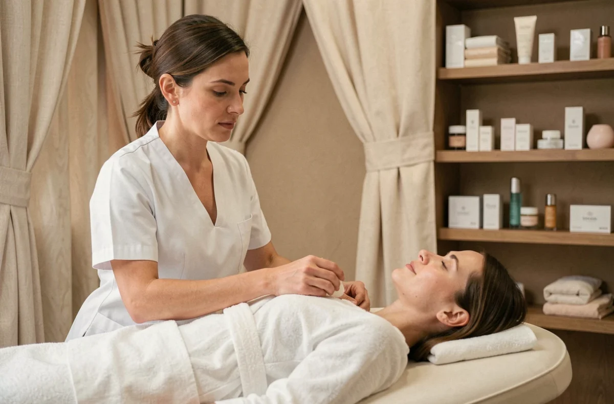 Esthéticienne professionnelle réalisant un soin du visage sur une cliente dans l'institut Naissa Beauty Spa à Mons-en-Barœul