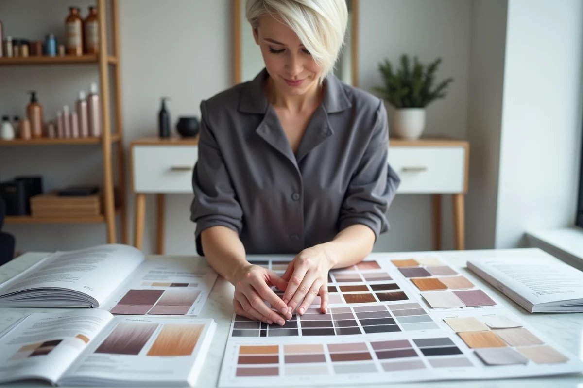 Coiffeuse présentant des nuanciers et palettes de couleurs tendances 2026 sur un comptoir de salon