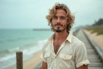 Homme avec une permanente wavy style surfeur, cheveux mi-longs aux ondulations naturelles, ambiance bord de mer