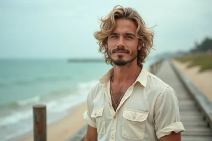 Homme avec une permanente wavy style surfeur, cheveux mi-longs aux ondulations naturelles, ambiance bord de mer