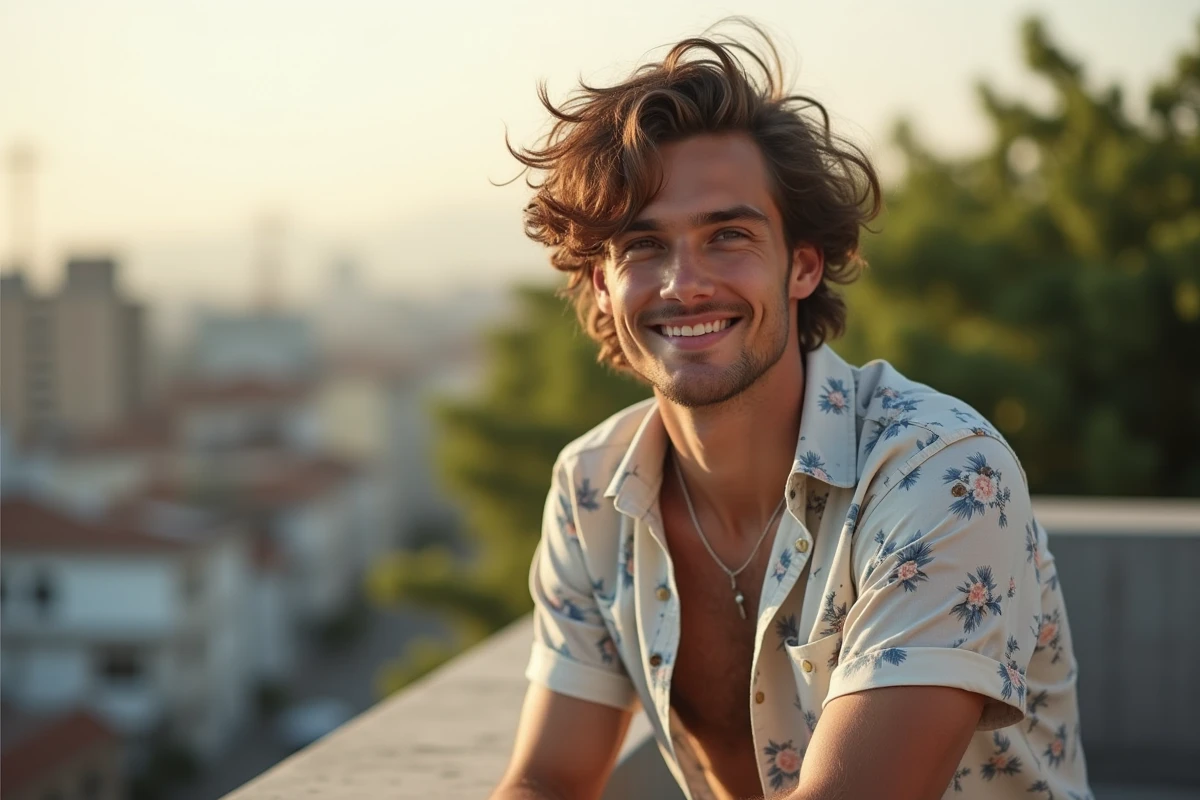Jeune homme avec une permanente wavy facile à entretenir, look décontracté surfeur en terrasse urbaine